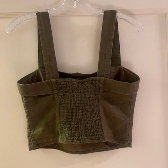 Abercrombie & Fitch Linen-Blend Foldover Set Cropped Top - Olive S - Picture 2 of 5